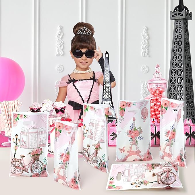 Paris Party Favor Bags 50Pcs Pink Floral Paris Goody Candy Treat Gifts Bags, City Landscape Themed Party Decorations for Kids Girls Women Birthday Wedding Pink Theme Events Supplies