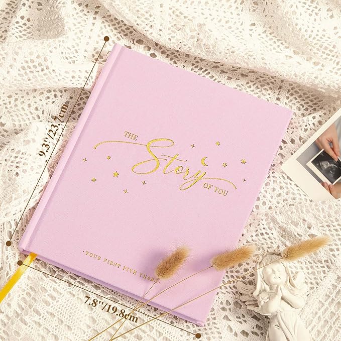 Lanpn Baby Memory Book - Linen Baby Book Memories Keepsake - The Story of You - Newborn Baby First 5 Year Journal Scrapbook Photo Book Milestone Album for Boy Girl New Parents (Pink, 154 Pages)