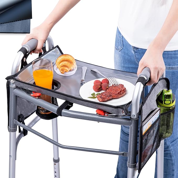 BAGSFY Walker Tray with Cup Holder & 2 Side Pockets, Folding Walker Table for Seniors | Sturdy, Easy-Clean Tray with PEVA Surface | Universal Fit for Standard Walkers, Walker Accessory for Elderly