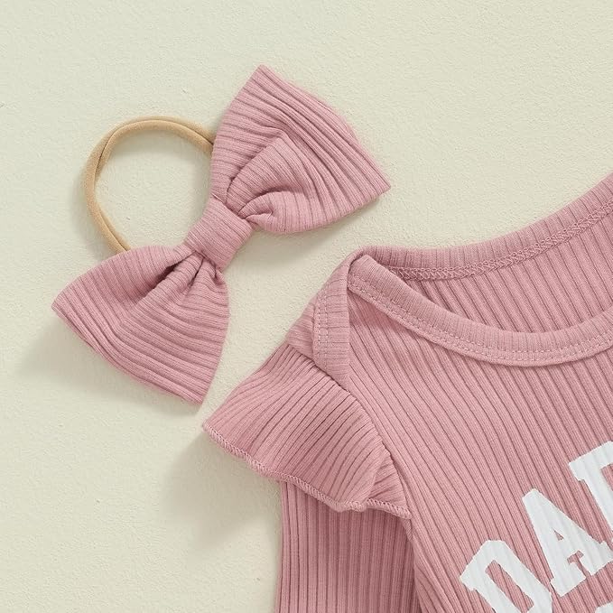 Tsnbre Newborn Baby Girl Outfits Daddys Girls Ruffle Long Sleeve Romper Top Pants Headband Infant Fall Winter Clothes