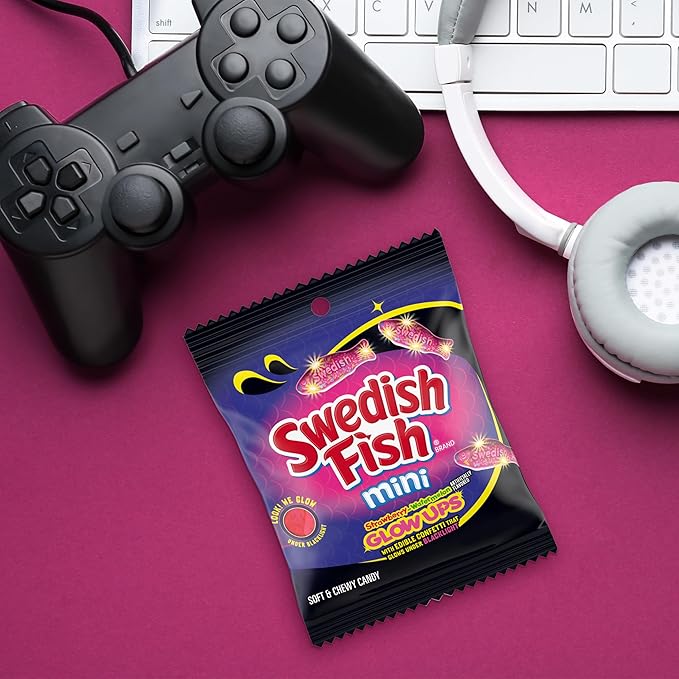 SWEDISH FISH Mini Glow Ups Strawberry-Watermelon Soft & Chewy Candy, Bulk Candy, 12-3.08 oz Bags