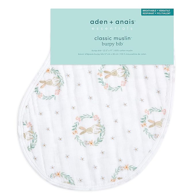 aden + anais Essentials Burpy Bib, 100% Cotton Muslin, Soft Absorbent 4 Layers, Multi-Use Burp Cloth and Bib, 22.5" X 11", Single, Blushing Bunnies