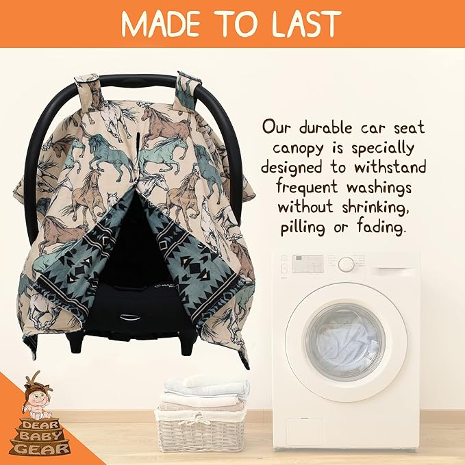 Dear Baby Gear Car Seat Cover for Boys & Girls - Baby Carseat Canopy w/Snap Opening - Infant Seat Cover - Stroller & Nursing Covers - Newborn Carrier Canopy -40x30"(Tan Teal Cream Horses, Aztec Teal)