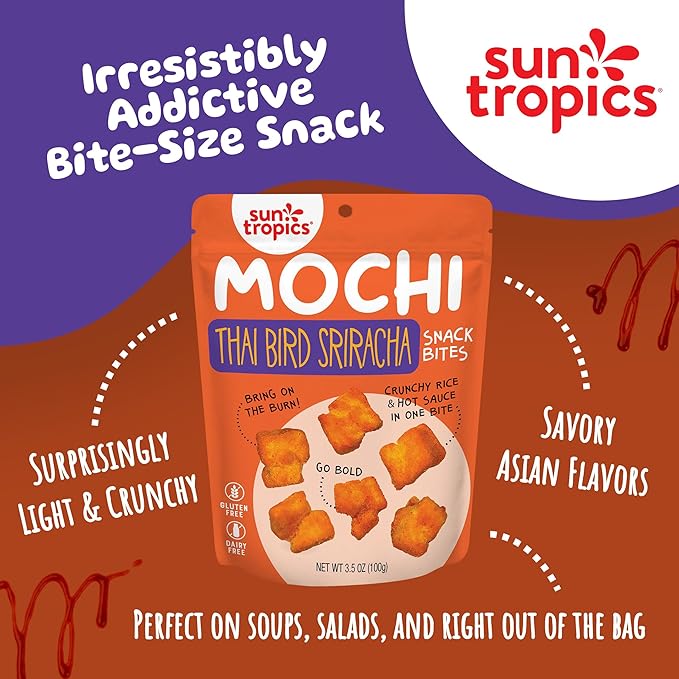 Sun Tropics Mochi Snack Bites, Thai Bird Sriracha Flavor- 3.5 oz (6 Pack)| Crispy Spicy Mochi Bites, Rice Nuggets | Mochi Puff Rice Crackers- Gluten Free & Dairy Free- No MSG Added | Asian Rice Snacks