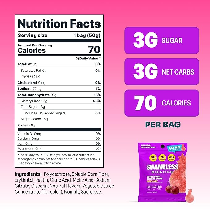 Shameless Snacks - Healthy Low Calorie Snacks, Low Carb Keto Gummies (Gluten Free Candy) - 6 Pack Sour Cherry Bomb