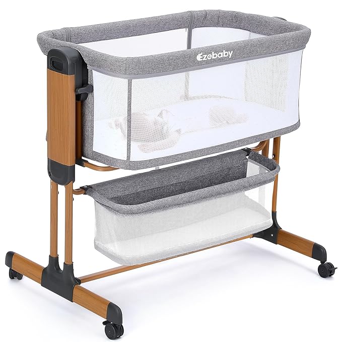 Ezebaby 3-in-1 Rocking Bassinet for Baby Adjustable Baby Bassinets Bedside Sleeper with Wheels Storage Basket and Mesh Sides for Newborn Infant