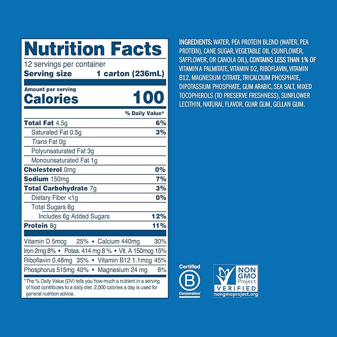Ripple Original Plant Based Milk | 8g of Quality Sourced Pea Protein, Calcium Rich | Shelf Stable | Vegan & Non GMO Certified | Dairy, Soy, Nut, Gluten, & Lactose Free | 8 Fl Oz Cartons (Pack of 12)