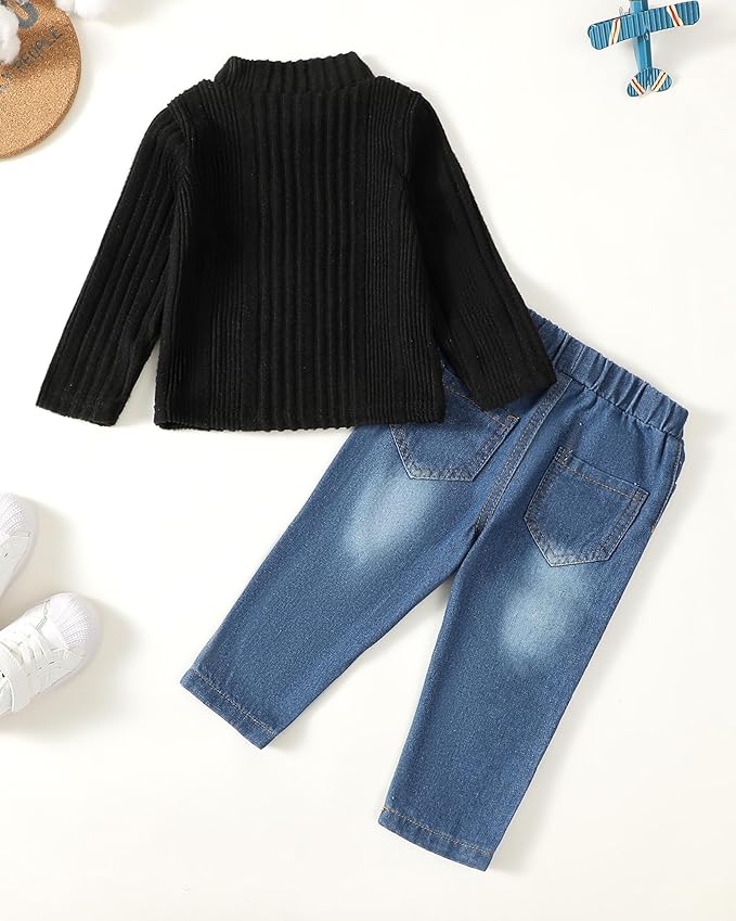 NZRVAWS Toddler Baby Boy Clothes Pullover Sweater Ripped Jean Sweatsuit Little Boy Outfit Fall Winter Clothing Set 6M-7T