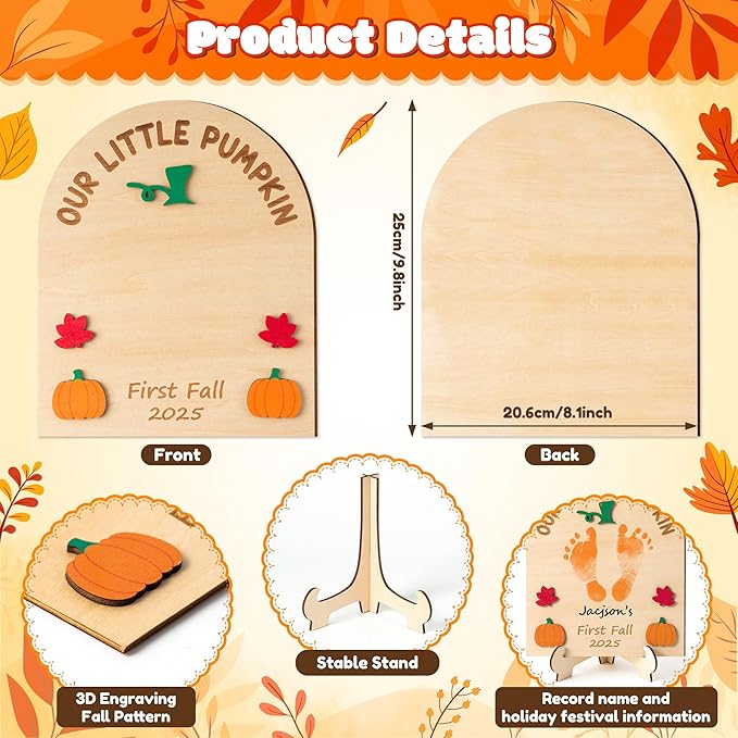 R HORSE Baby's First Fall Footprint or Handprint Art Sign Craft, Our Little Pumpkin DIY Wooden Hanging Decoration, Newborn Keepsake Gift for Baby First Fall Autumn Thanksgiving Baby Shower Photo Prop