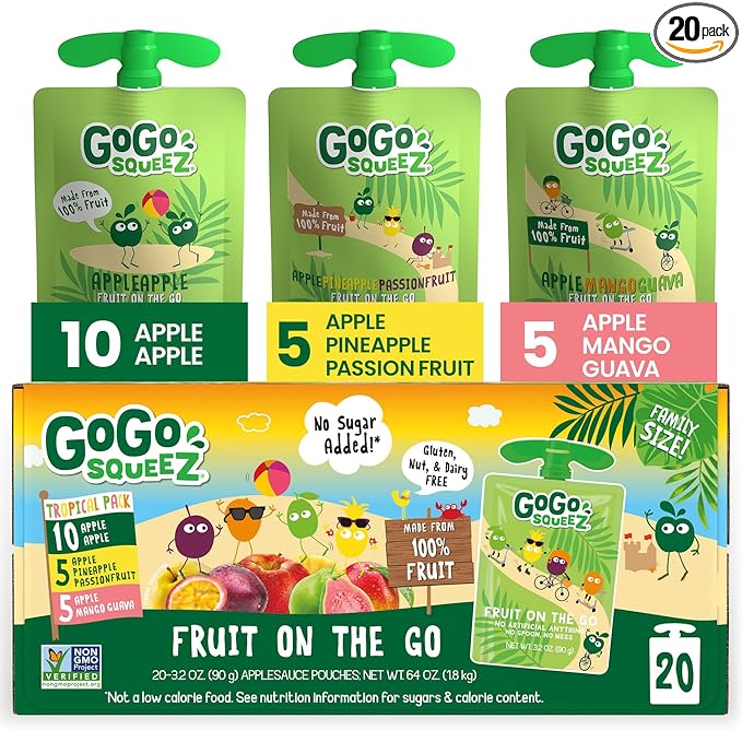 GoGo squeeZ Applesauce and Fruit Puree Variety Pack, Apple, Mango Guava & Pineapple Passionfruit, 3.2 oz (Pack of 20), Unsweetened Fruit Snacks for Kids, No Gluten, Nut & Dairy, BPA Free Pouches