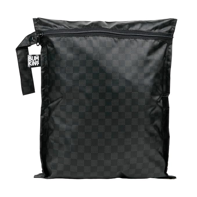 Bumkins Waterproof Wet Bag for Baby, Travel, Swim Suit, Cloth Diapers, Pump Parts, Pool, Beach, Gym Clothes, Toiletry, Hook to Stroller, Daycare, Zipper Reusable Wetdry Packing Pouch, Black Check