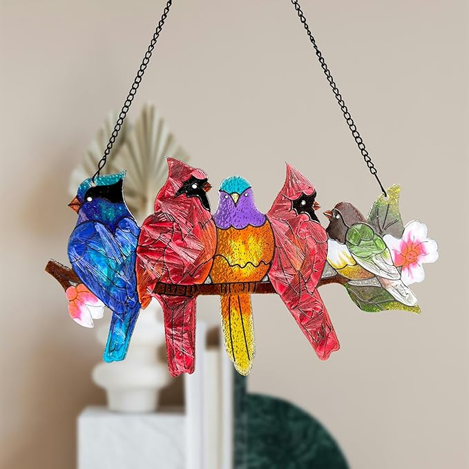 Stained Glass Window Hanging - Large Stained Glass Birds on Branch, Birds Sun Catchers Indoor Window with Chain and Hook Gifts for Bird Lover, Mom, Grandma, Stocking Stuffers for Women