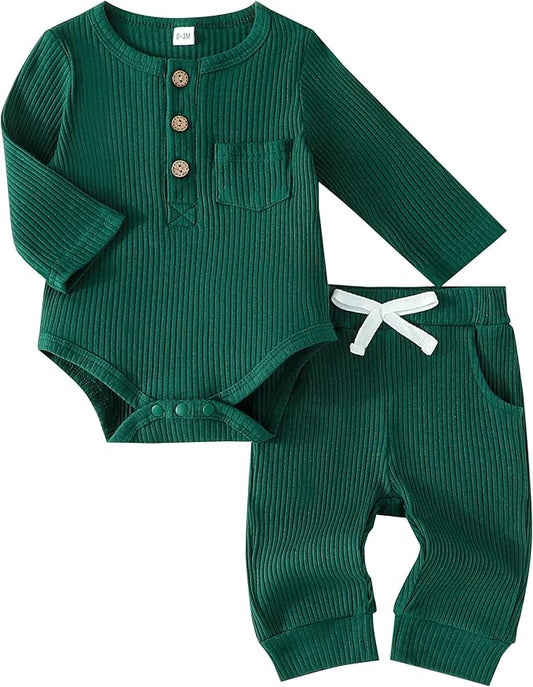 Newborn Baby Boy Girl Clothes Ribbed Knit Cotton Long Sleeve Romper Long Pant Preemie Solid Color Unisex Outfits
