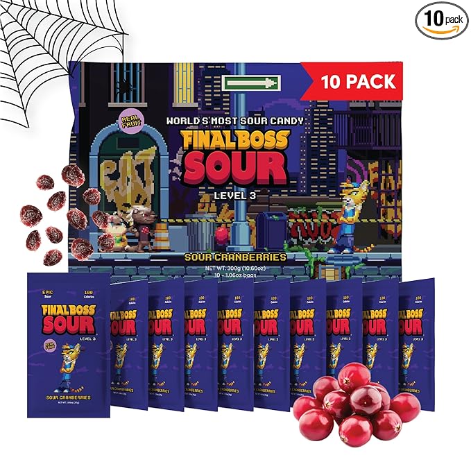 Final Boss Sour Candy, Sour Cranberries, 10 Pack, Level 3, Fruit Chews with Real Dried Fruit, No Artificial Colors or Flavors, Low Calorie Snack for Kids, Teens, Adults, Lunch Boxes & On The Go