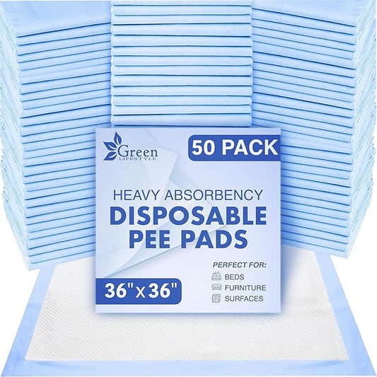 GREEN LIFESTYLE Disposable Underpads - Chucks Pads for Adults, Seniors and Children - Ideal for Incontinence Protection - Pet Disposable Pee Pads for Dogs, Cats (Pack of 50 - 36x36)