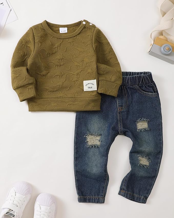 NZRVAWS Toddler Baby Boy Clothes Pullover Sweater Ripped Jean Sweatsuit Little Boy Outfit Fall Winter Clothing Set 6M-7T
