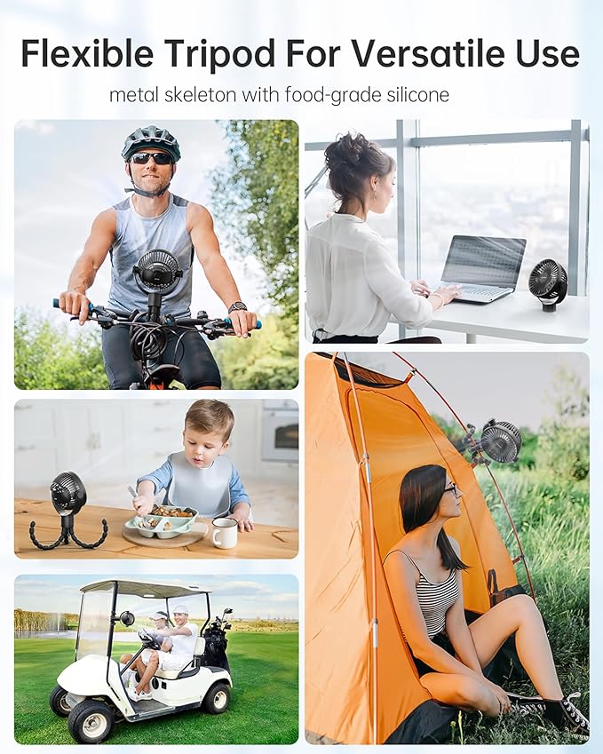 Stroller Fan Rechargeable Battery Powered Portable Fans, Head Detachable 360° Rotatable Clip on Fan, 3 Speed Quiet Small Mini Fans with Light Night for Carseat, Bed, Crib, Bike, Travel, Black