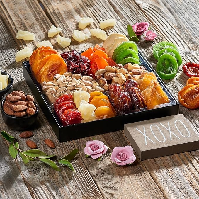 Dried Fruit & Nuts Gift Basket Arrangement Platter, Gourmet Food Snack Box, For Christmas, New Years, Birthday Care Package, Healthy Kosher - Her Him - 12 Snackberry Assortment (12-Pack)