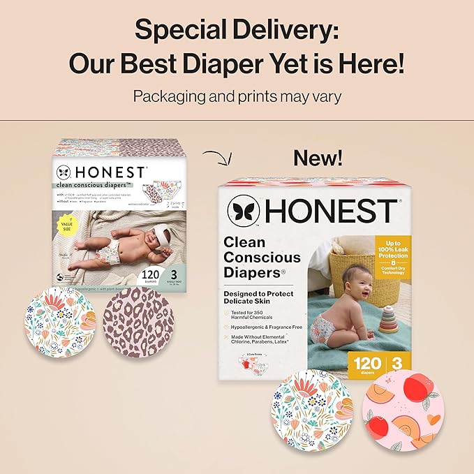 The Honest Company Clean Conscious Diapers for Delicate Skin | Up to 100% Leakproof | Hypoallergenic, Fragrance Free | Girl Prints | Super Club Box, Size 3 (16-28 lbs), 120 Count (Prints May Vary)