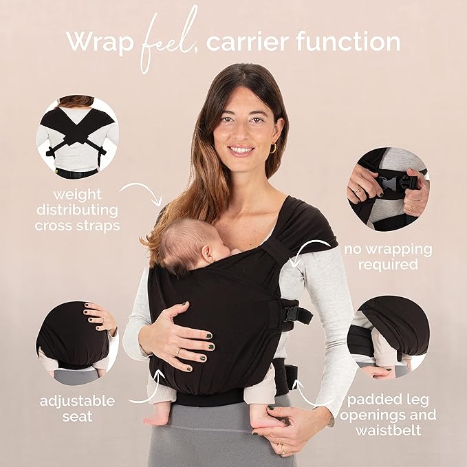 Boba Bliss Pre-Wrapped Baby Carrier with Buckle - Newborn to 7-35 lbs Light, Breathable & Easy to Adjust Hybrid Infant Sling & Toddler Carrier - Certified Hip-Healthy for 0-18 Months - Black