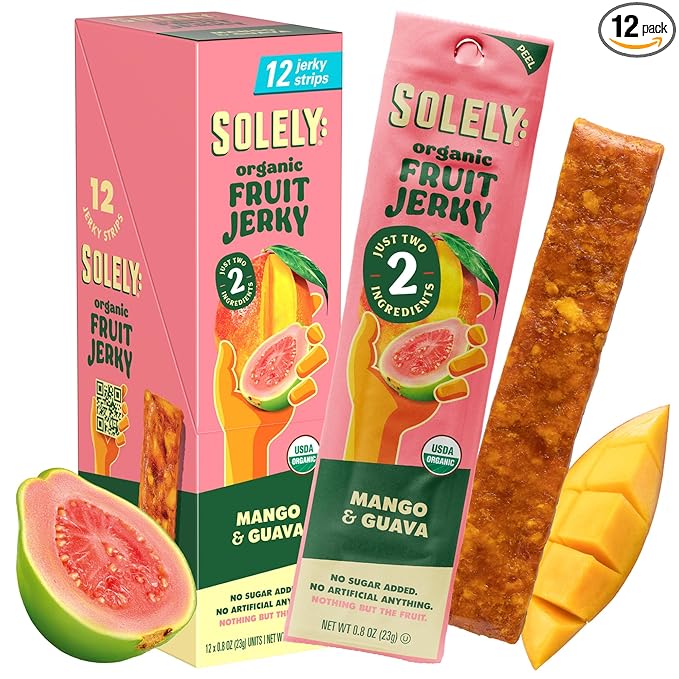 SOLELY - Organic Mango Guava Fruit Jerky - 12 Individually Wrapped Strips (12-Pack) - Fruit Leather Made from Dried Fruit - Healthy Snacks for Adults & Kids - Non GMO, Vegan Snacks - 0.8oz (23g)