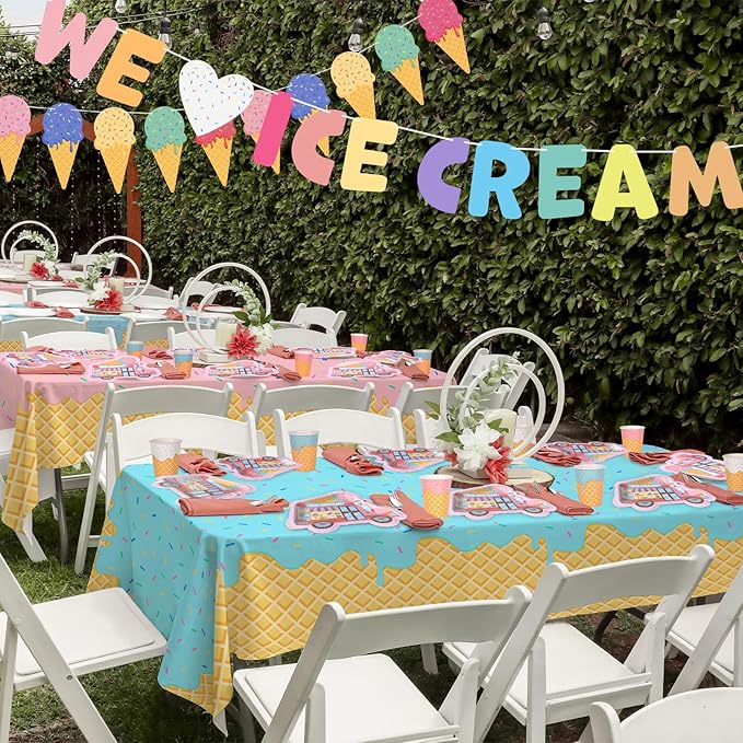 Ice Cream Party Supplies Kit for 24: Ultimate Bundle with Vibrant Paper Plates, Napkins, Cups, Tablecloth & Banner - Ice Cream Birthday Party Decorations