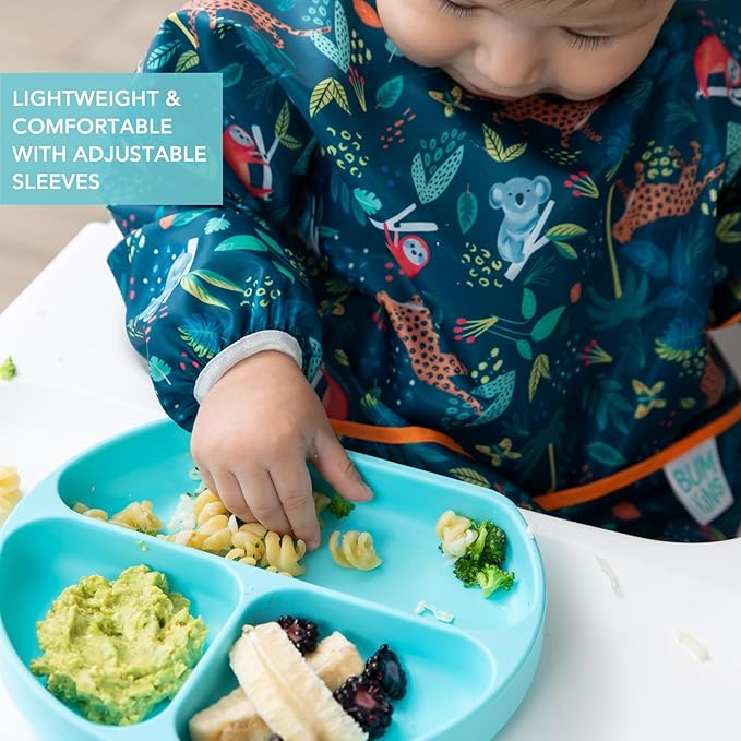 Bumkins Sleeved Bib for Girl or Boy, Baby and Toddler for 6-24 Mos, Essential Must Have for Eating, Feeding, Baby Led Weaning Supplies, Long Sleeve Mess Saving Food Catcher, Soft Fabric, Jungle