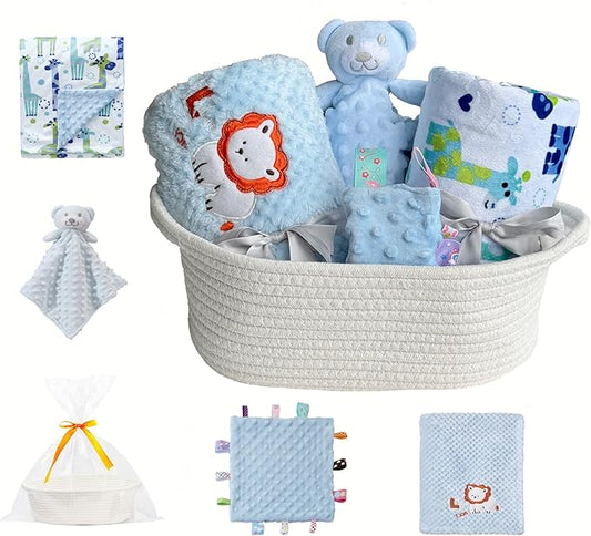 CREVENT Baby Welcome Gift Set Storage Basket with 2 Blankets+ 1 Security Blanket + 1 Taggie + 1 Gift Bag with Ribbon (Blue)
