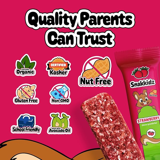 Snakkidz Organic Chewy Granola Bar, Allergen Free, Made with Avocado Oil, Low Sugar (45 Bars, Strawberry)