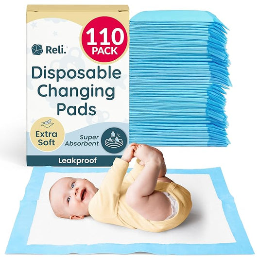 Reli. Disposable Changing Pads for Baby (110 Pack) | Disposable Diaper Changing Pads, 13" x 18" | Super Absorbent, Leak-Proof Liners | Waterproof, Quick Dry Underpads (Blue/White)