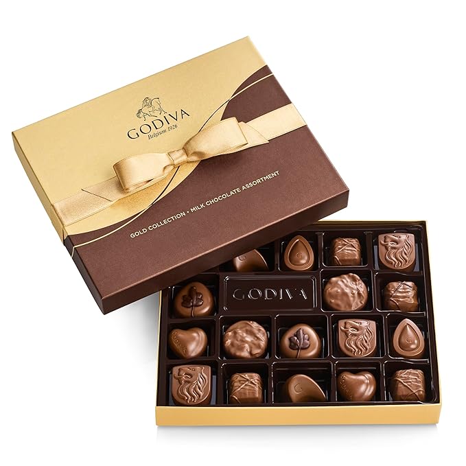 Godiva Nuts and Caramel Chocolate Gift Box- Praline in Milk, White and Dark Chocolate, Assorted Chocolate Candy Gift Basket for Congratulations, Birthday and Anniversary, Gold Ribbon, 18-Piece