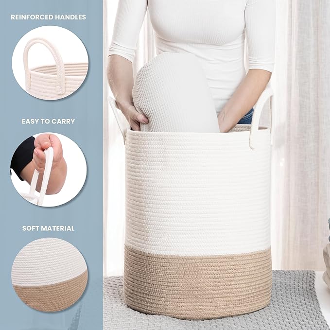 OrganiHaus Boho Woven Basket for Blankets and Laundry, Decorative Large Storage Bin for Living Room, Nursery Basket for Toys & Clothes, Soft Cotton Rope with Handles 15x18 inches - Off-White/Honey