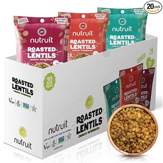 Nutruit Roasted Lentil Snacks - Tasty Snack Box with Vegan, Gluten Free, Non-GMO, High Protein, Low Calorie, Healthy On-The-Go Low Calorie Lentils Snacks - 1.2oz Packs (20-Pack Variety Box)