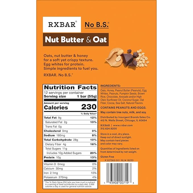 RXBAR Nut Butter and Oat Protein Bars, Protein Snacks, Snack Bars, Dark Chocolate Peanut Butter, 23.2oz Box (12 Bars)