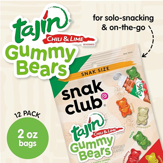 Snak Club Tajin Gummy Bears, Assorted Fruit Candy Gummies with Chili and Lime Seasoning, Mild, Gluten-Free and Vegan Snacks, 2 oz Snack Bags, 12 Pack