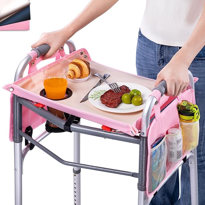 BAGSFY Walker Tray with Cup Holder & 2 Side Pockets, Folding Walker Table for Seniors | Sturdy, Easy-Clean Tray with PEVA Surface | Universal Fit for Standard Walkers, Walker Accessory for Elderly