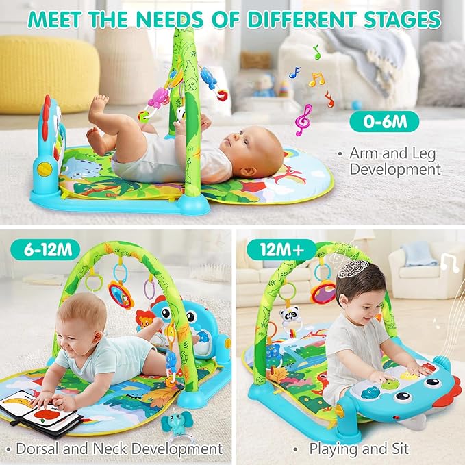 Baby Play Mat Baby Toys Tummy Time Mat Toys Musical Activity Center for Infant Toy with High-Contrast Piano Music & Light Newborn Babies Gifts for Boy Girl Babies Toy 0-6 6-12 Months Dinosaur Style