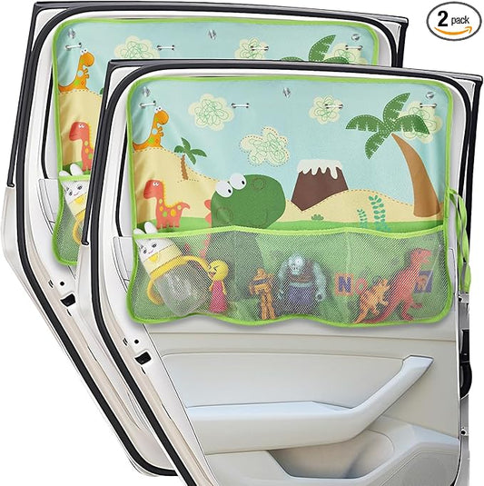 Car Window Shade for Baby, 2 Pack Car Sun Shades with Storage Pockets Car Window Curtain 7 Suction Cups Dinosaurs Pattern for Sun/Heat/UV Rays Protection