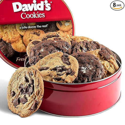 David's Cookies Assorted Fresh Baked Decadent Cookie Gift Tin – 2lb Basket with 8 Jumbo Cookies – Soft and Chewy Bakery-Style Dessert for Birthdays, Holidays, Thank You and Special Occasions