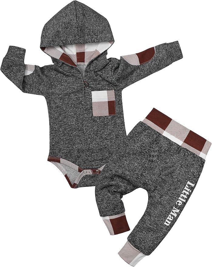 Fommy Newborn Baby Boy Clothes Plaid Letter Print Long Sleeve Hoodies + Long Pants 2PCS Fall Winter Outfits Set