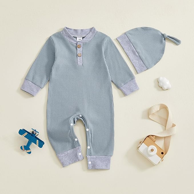 fhutpw Newborn Baby Boy Clothes Ribbed Knit Bodysuit 3 6 Months Infant Fall Long Sleeve Splicing Color Romper Jumpsuit & Hat