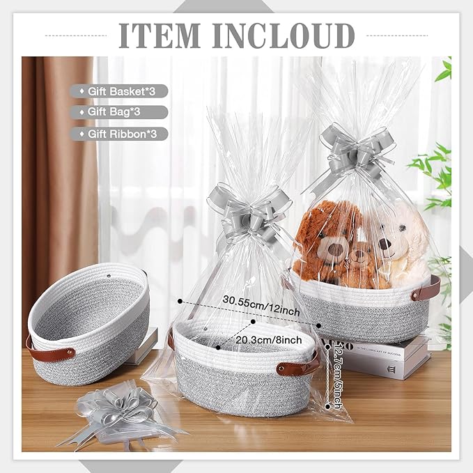 3 Pack Small Woven Basket for Gifts with Handles Clear Bags and Ribbons Empty Storage Basket Decorative Chest Box for Birthday Present Baby Shower Wedding(White and Grey,12"x 8"x 5")