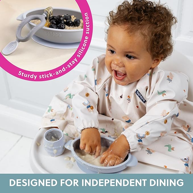 BIBaDO - Silicone Baby Bowl (Mist) - Stay Put Suction Bowl - Oval Shape - First Meals & Snacks - Durable, Dishwasher & Microwave Safe, BPA Free - Medical Grade - Baby Essentials - 6 Months to 3 Years