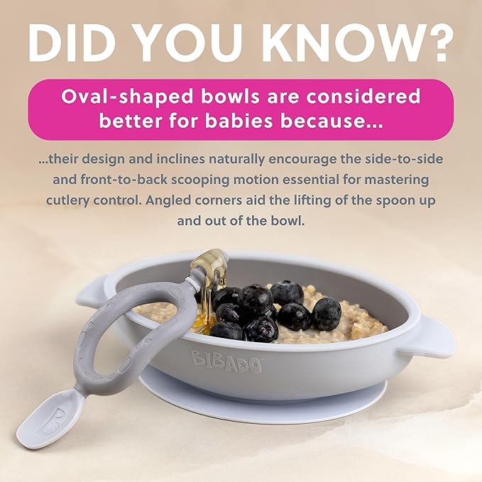 BIBaDO - Silicone Baby Bowl (Mist) - Stay Put Suction Bowl - Oval Shape - First Meals & Snacks - Durable, Dishwasher & Microwave Safe, BPA Free - Medical Grade - Baby Essentials - 6 Months to 3 Years