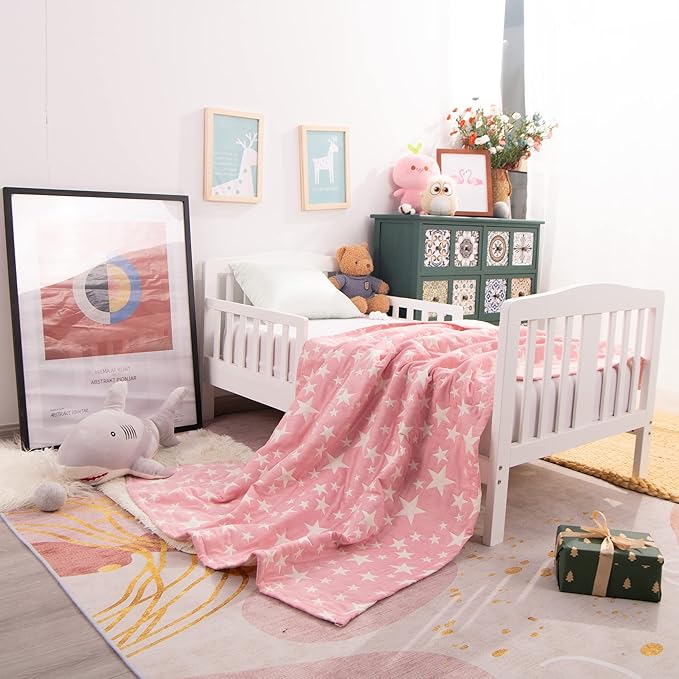 NTBAY 3 Layer Oversized Muslin Cotton Toddler Blanket, 45x60 Inches Jacquard Reversible Nursery Bed Blanket, Super Soft and Thermal Crib Blanket for All Seasons, Baby Gift, 45"x60", Pink/White Star