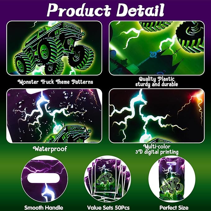 Green Purple Monster Truck Party Favor Bags - 50Pcs Monster Truck Goody Candy Treat Gifts Bags, Green Purple Racing Car Themed Party Decorations for Kids Boys Girls Birthday Supplies