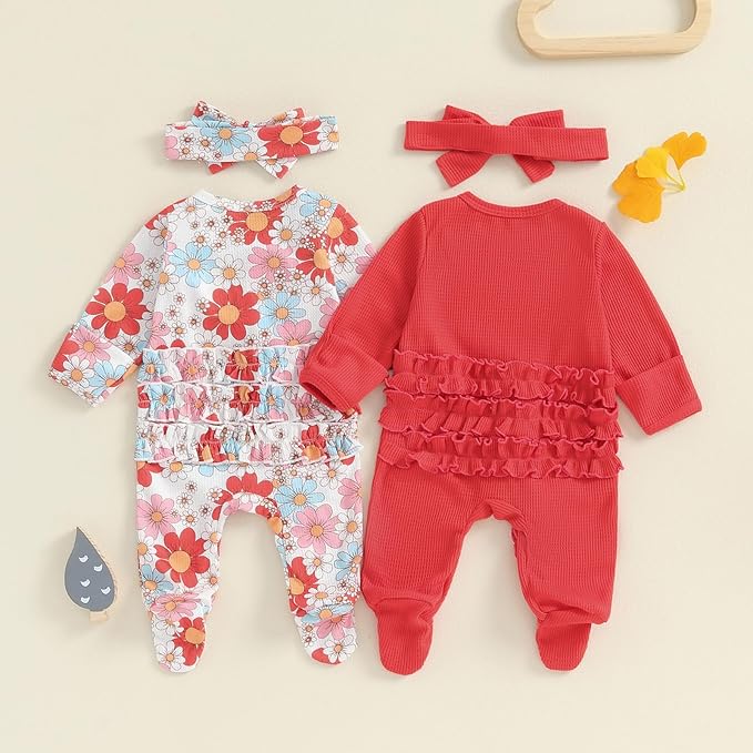 Baby Girl Footies Newborn Zipper Sleeper 2 Pack Ruffle Pajamas Romper Coming Home Outfit