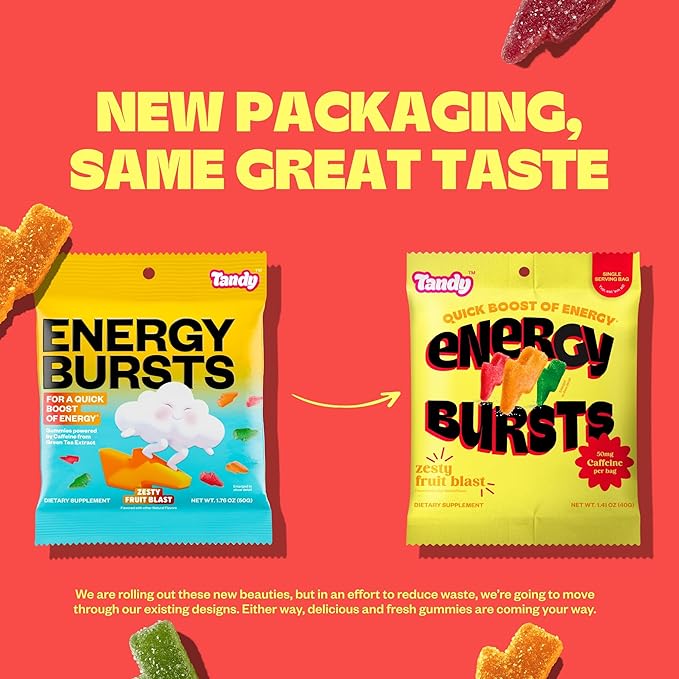 Tandy Energy Bursts Caffeine Gummies I Energy Boost Gummies with Zesty Fruit Blast Flavor I Caffeine from Green Tea Extract I Gluten-Free Fast-Acting Dietary Supplement Gummy I 6-Pack