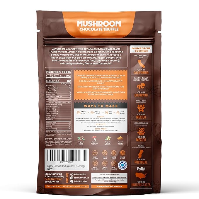 Organic Chocolate Truffle Instant Latte - Hot Chocolate Blend - Vegan, Non-GMO, Mushroom Coffee Organic - Reishi, Chaga, Lion's Mane, Turkey Tail - Mushroom Latte Supplement, Caffeine-Free 30 Servings