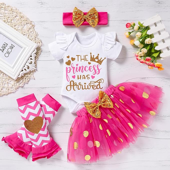 Newborn Baby Girl Outfits Infant Letter Print Romper+Tutu Skirt+Headband+Legging Warmer Coming Home Clothes Set